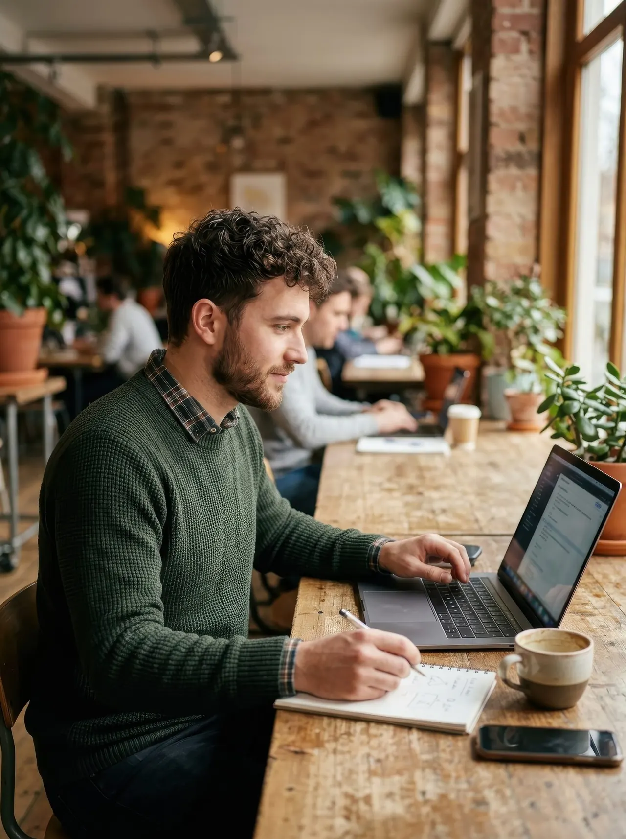 Aluno praticando inglês no notebook em um café