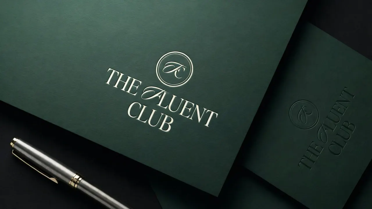 Papelaria da The Fluent Club em verde com o logotipo em relevo dourado